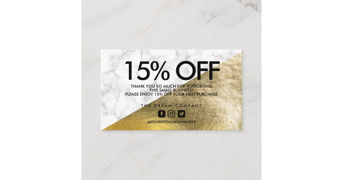 Gold Elegant Marble Discount Thank You Business Card | Zazzle