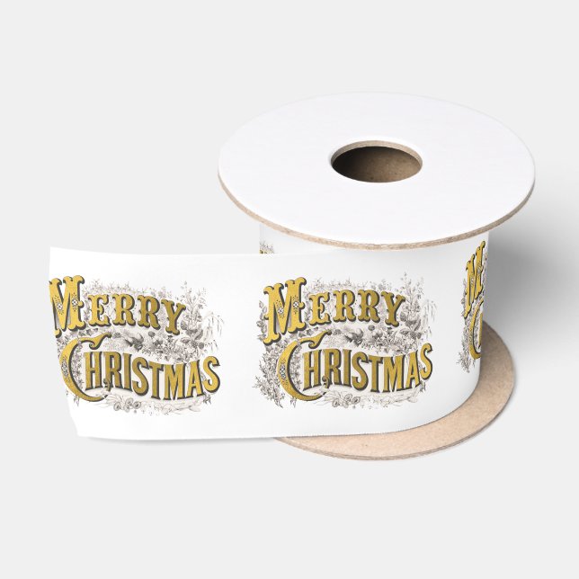 Gold Elegant Merry Christmas Rustic Vintage Satin Ribbon (Spool)