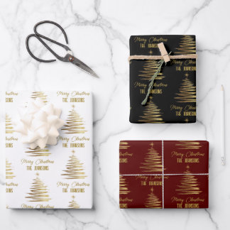 Gold Elegant Merry Christmas Tree Name Wrapping Paper Sheets