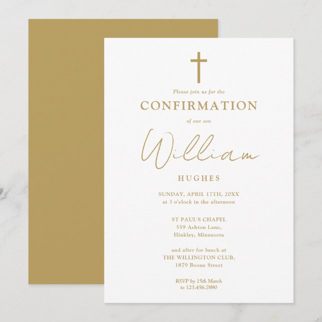 Gold Elegant Modern Minimalist Confirmation Invitation (Front/Back)