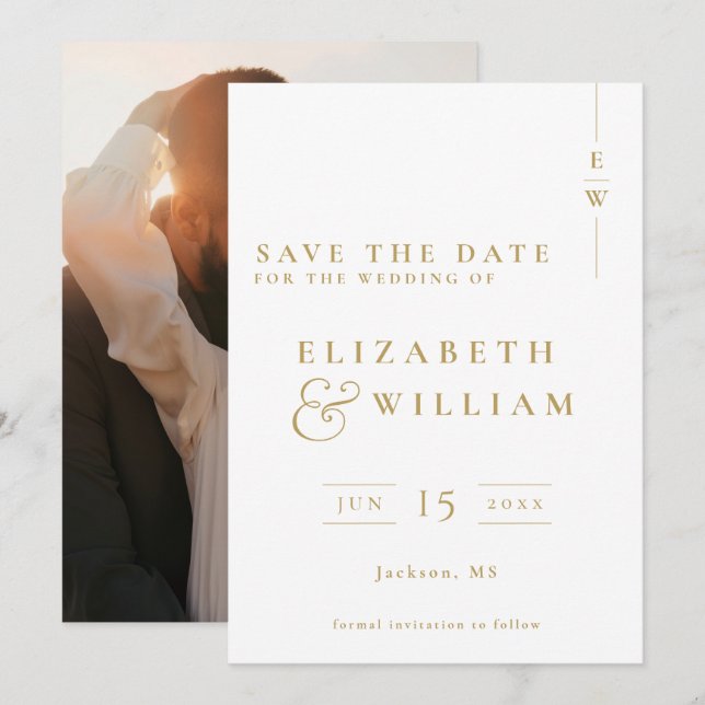Gold Elegant Modern Monogram Photo Wedding Save The Date (Front/Back)