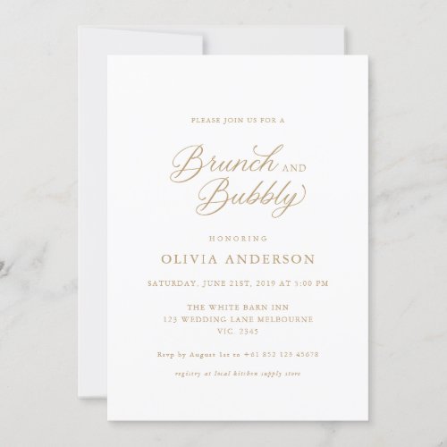Gold Elegant Modern Script Bridal Brunch Bubbly Invitation