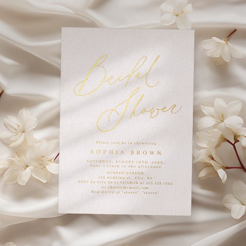 Gold elegant modern script minimal bridal shower foil invitation