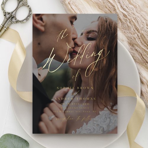 Gold elegant modern script minimal photo wedding foil invitation