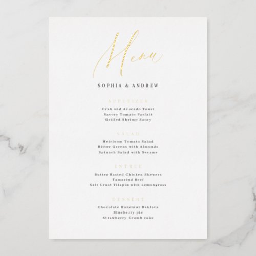 Gold elegant modern script minimalist wedding menu foil invitation