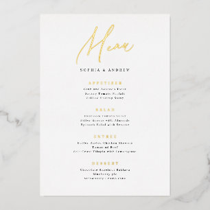 Gold elegant modern script minimalist wedding menu foil invitation