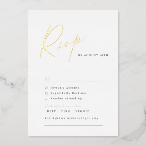 Gold elegant modern script minimalist wedding RSVP Foil Invitation