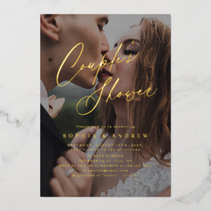 Gold elegant modern script photo couples shower foil invitation