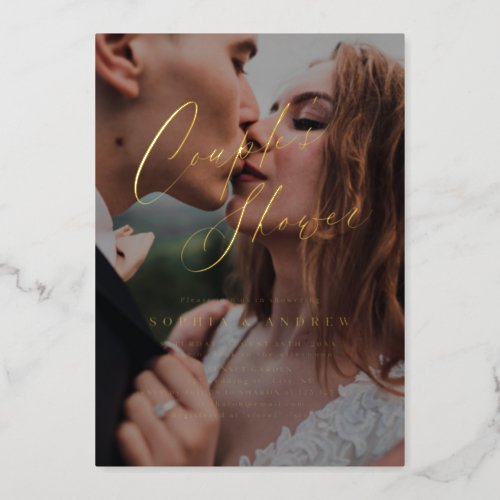 Gold elegant modern script photo couples shower foil invitation