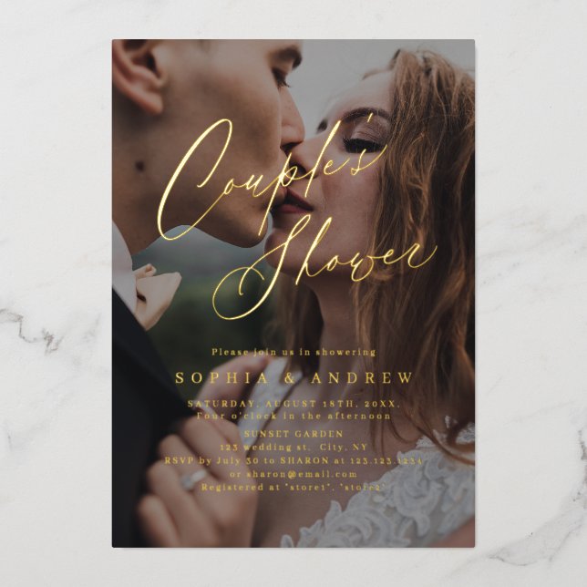 Gold elegant modern script photo couples shower foil invitation (Front)
