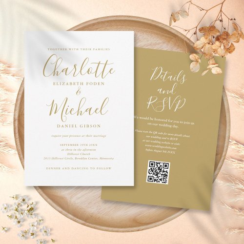 Gold Elegant Modern Script QR Code Wedding Invitation