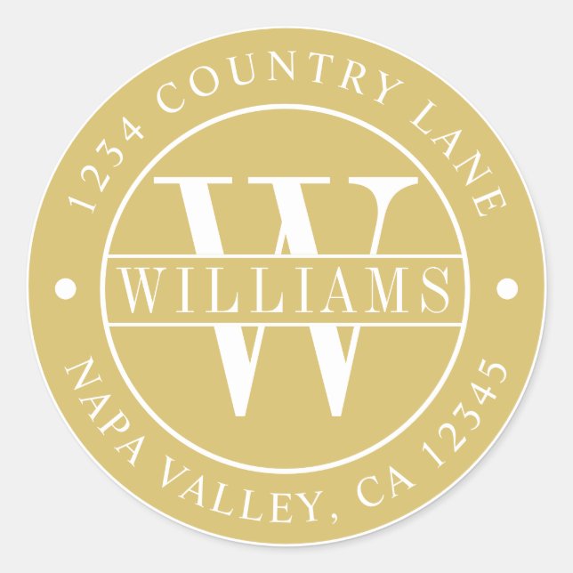 Gold Elegant Monogram Return Address Classic Round Sticker (Front)