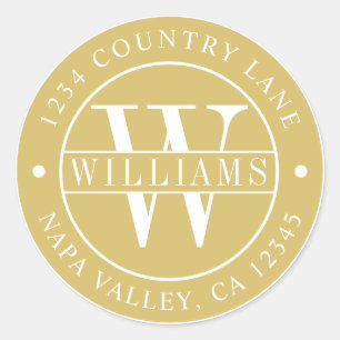 Gold Elegant Monogram Return Address Classic Round Sticker