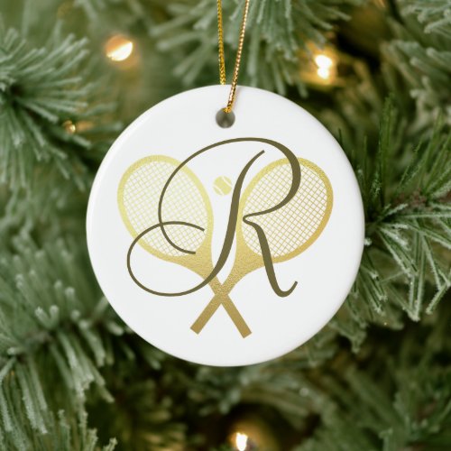 Gold Elegant Monogram Tennis Racquets Ball Ceramic Ornament