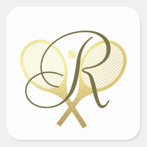 Gold Elegant Monogram Tennis Racquets Ball Square Sticker