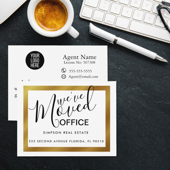 Gold elegant moved office business announcement postcard (Creator Uploaded)