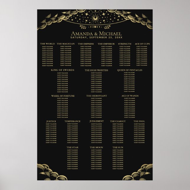 Gold Elegant Mystical Tarot Wedding Seating Chart (Front)