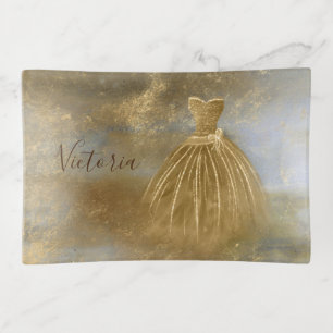 Gold Elegant Name Evening Gown Trinket Tray
