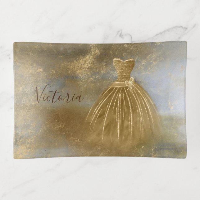 Gold Elegant Name Evening Gown Trinket Tray (Front)