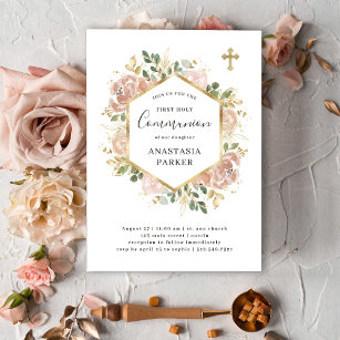 Gold Elegant Neutral Floral   First Holy Communion Invitation