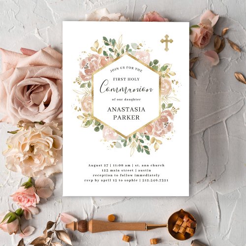 Gold Elegant Neutral Floral  First Holy Communion Invitation