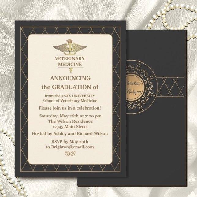 Gold Elegant Ornate Romantic Veterinary Medicine  Invitation (graduation #veterinarymedicine#gradparty #zazzleinvitation #classic #vintage #gold #cap #capgrad)