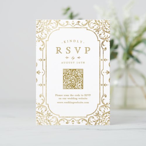 Gold elegant ornate romantic vintage QR code  RSVP Card