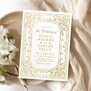 Gold elegant ornate romantic vintage wedding invitation