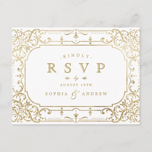 Gold elegant ornate romantic vintage wedding RSVP Invitation Postcard