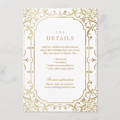 Gold elegant ornate vintage wedding details enclosure card