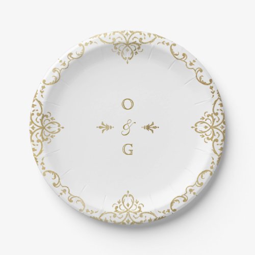 Gold elegant ornate vintage wedding monogram paper plates