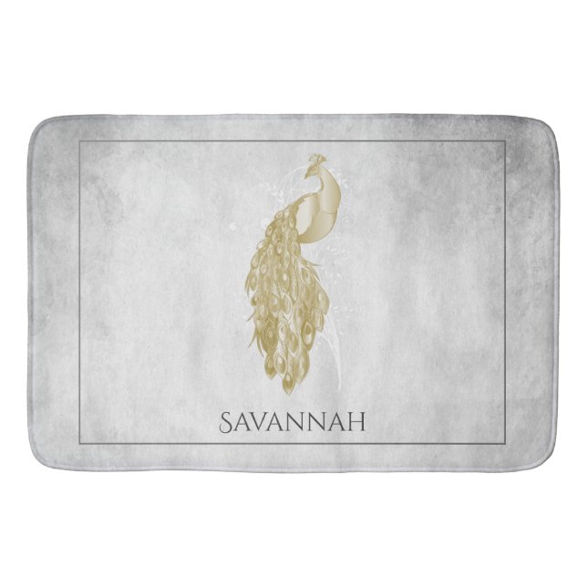 Gold Elegant Peacock Personalized Bath Mat (Front)