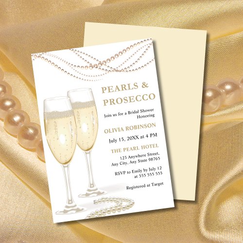 Gold Elegant Pearls and Prosecco Bridal Shower  Invitation
