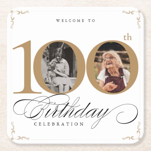 Gold Elegant Photo 100th Birthday Party Square Paper Coaster