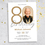 Gold Elegant Photo 80th Birthday Party Invitation<br><div class="desc">Gold Elegant Photo 80th Birthday Party Invitation. Elevate your milestone celebration with an invitation design that epitomizes understated elegance and chic minimalism. Our black and gold theme exudes sophistication, creating a refined atmosphere for your special day. The custom photo feature adds a personalized touch, ensuring that each invitation is a...</div>