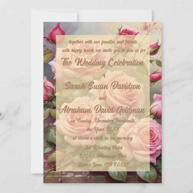 Gold Elegant Pink Roses Wedding Invitations (Front)
