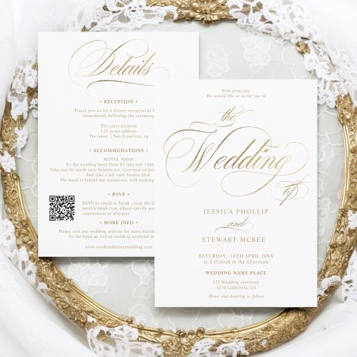 Gold elegant Qr all in one calligraphy wedding Invitation