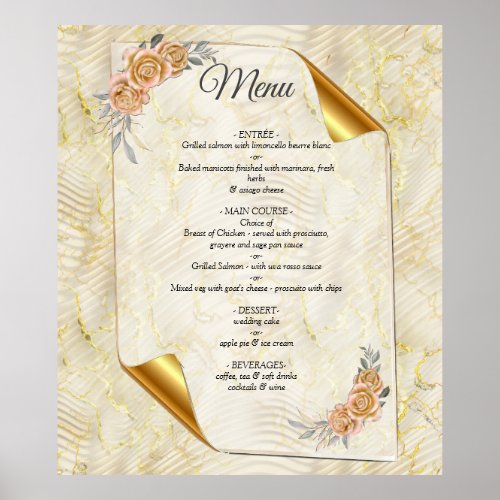 Gold Elegant Ripple Effect  Roses Leaves and Bird Poster
