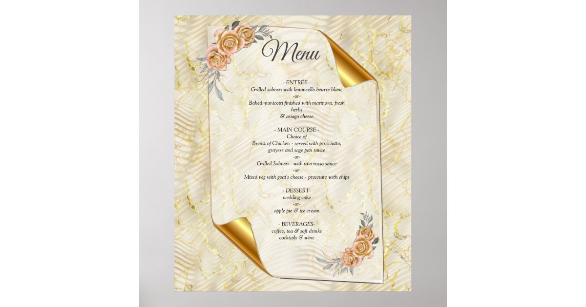 Gold Elegant Ripple Effect & Roses Leaves and Bird Poster | Zazzle