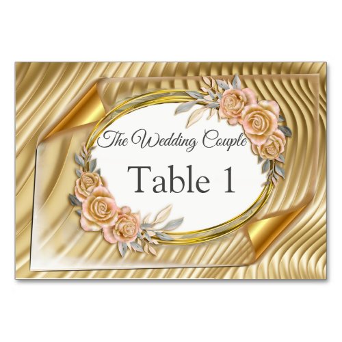 Gold Elegant Ripple Effect  Roses Leaves and Bird Table Number