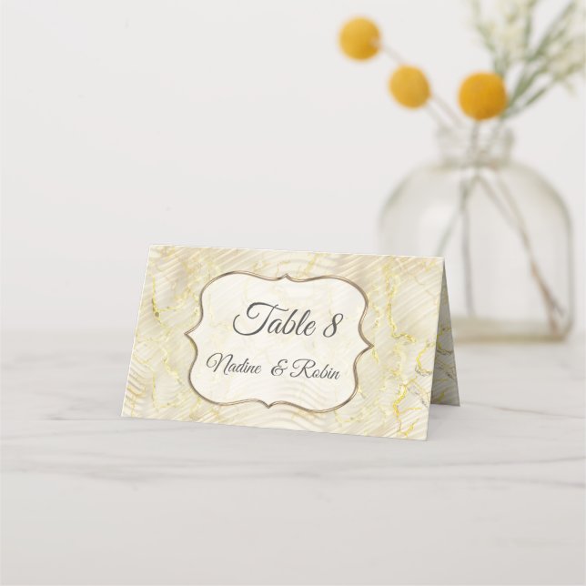 Gold Elegant Ripple Effect & Roses Leaves Place Card (Front)