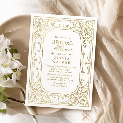 Gold elegant romantic ornate vintage bridal shower invitation