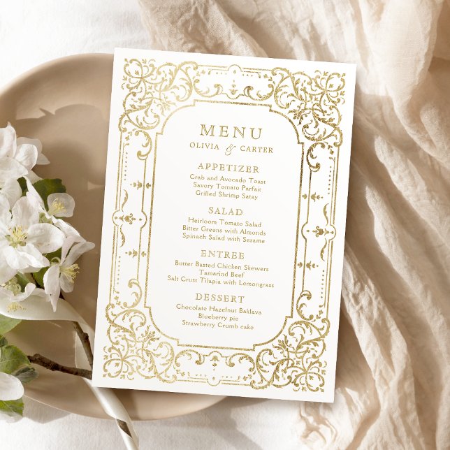 Gold elegant romantic ornate vintage wedding menu (Gold elegant romantic ornate vintage wedding menu)