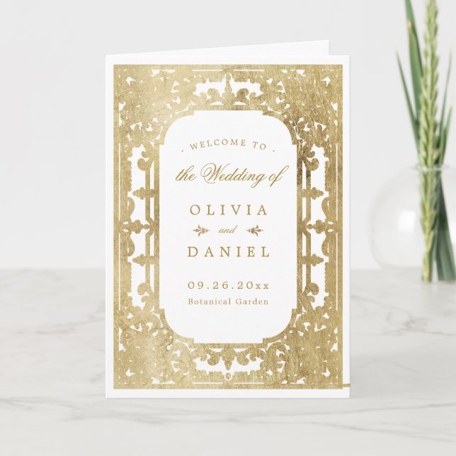 Gold elegant romantic ornate vintage wedding program (Front)