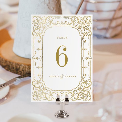 Gold elegant romantic ornate vintage wedding table number