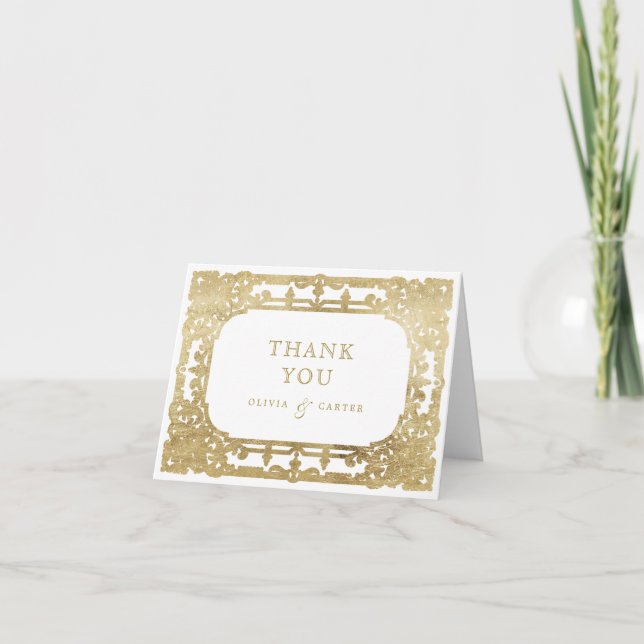 Gold elegant romantic ornate vintage wedding thank you card (Front)