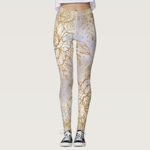 Gold Elegant Rose line drawing Leggings