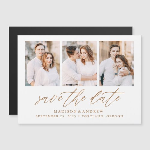 Gold Elegant Script 3 Photo Collage Save the Date Magnetic Invitation