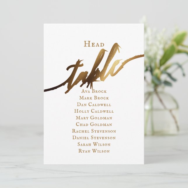 Gold Elegant Script  Head Table Seating Chart Invitation (Standing Front)