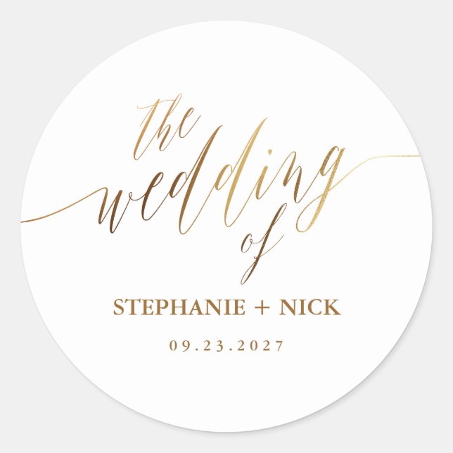 Gold Elegant Script Invitation Classic Round Sticker (Front)